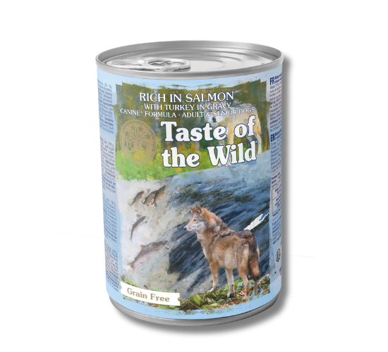 טייסט אוף דה וויילד סלמון וחתיכות הודו ברוטב – מזון רטוב מלא ללא דגנים לכלבים בוגרים ומבוגרים