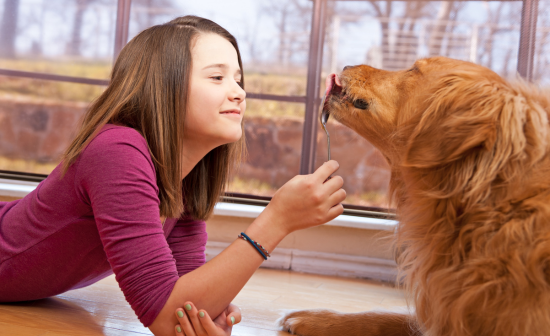 ילדה נותנת לכלב חמאת בוטנים