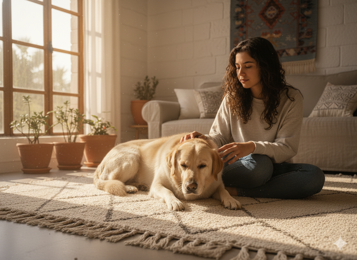 כלב לברדור נינוח שוכב לצד בעליו בסלון מואר באור טבעי, רגע של שגרה וביטחון בבית.
