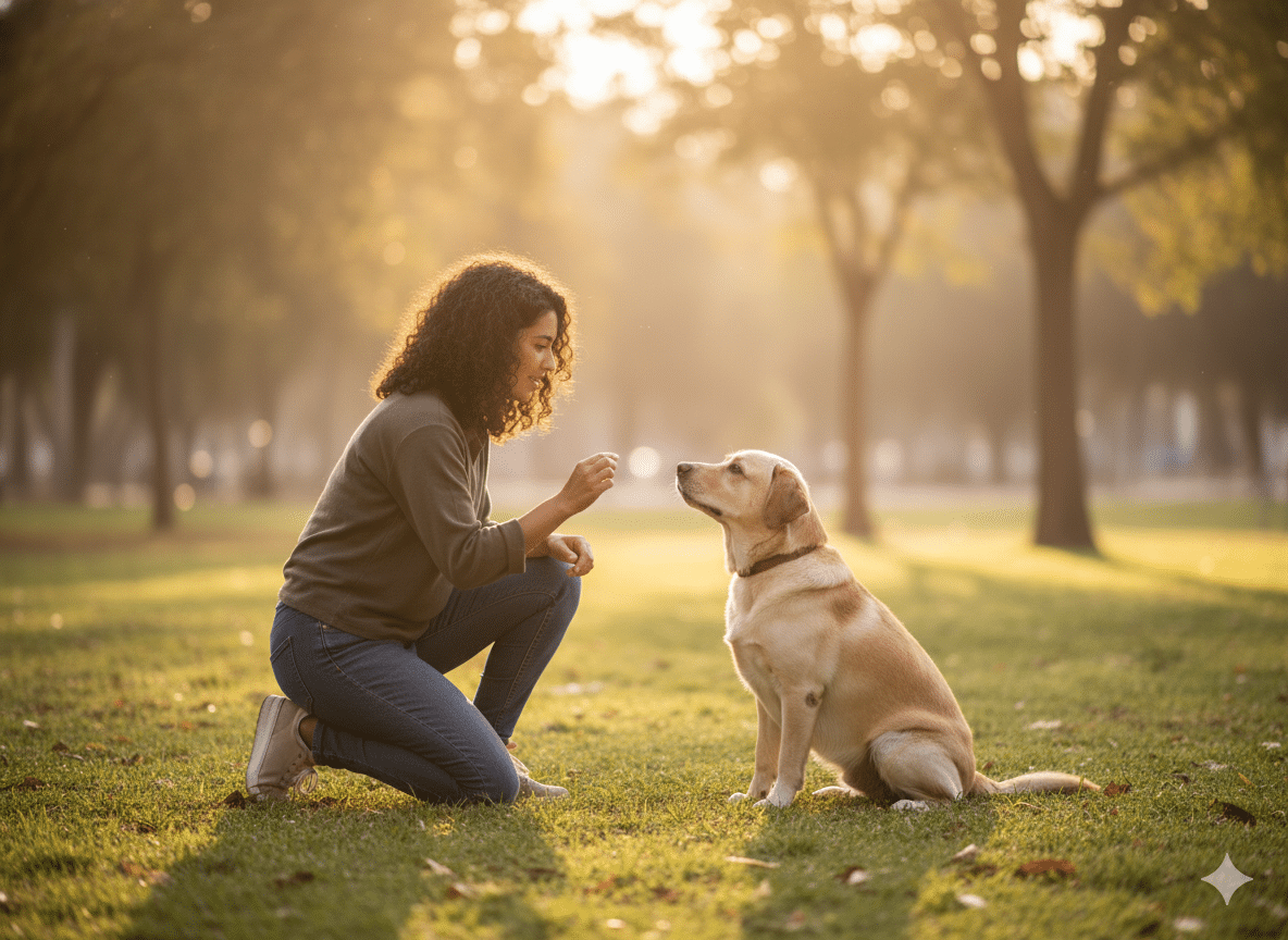 כלב לברדור יושב קשוב מול בעליו באימון בפארק הירקון בתל אביב, שגרת אילוף חיובית והרמונית