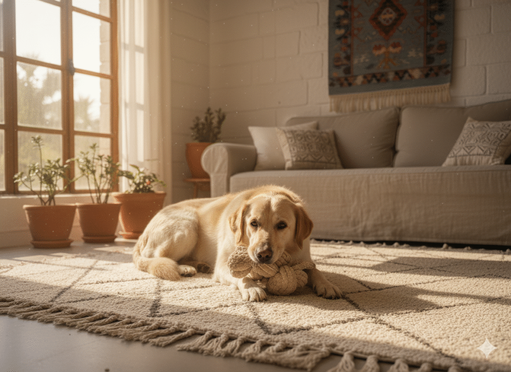 כלב לברדור רגוע מחזיק צעצוע נשיכה בפה על שטיח ביתי