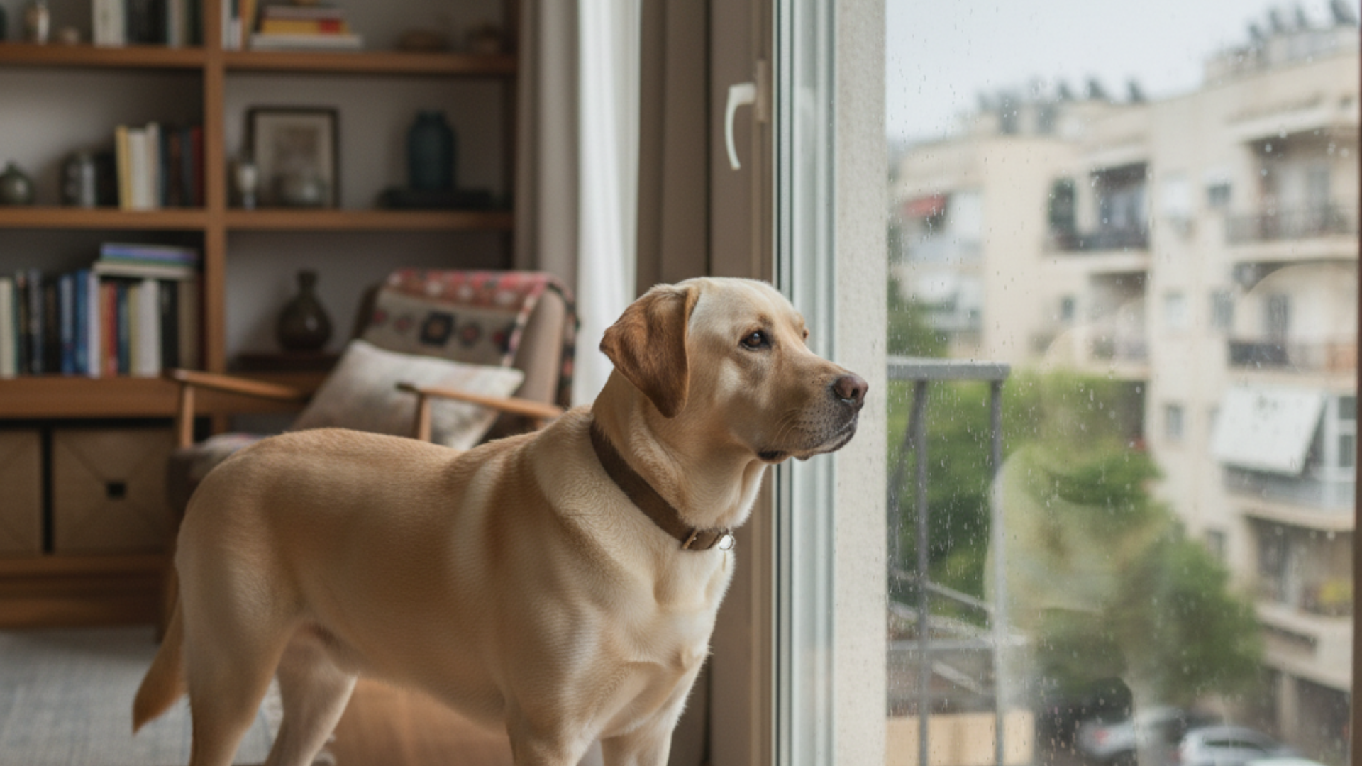 כלב מסתכל מהחלון, בחוץ גשם