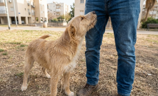 כלב מריח מפשעה של גבר בחוץ