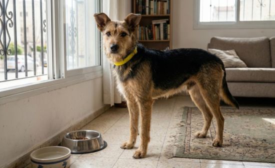 כלב עם קולר צהוב עומד בבית ליד קערת אוכל, אור טבעי מהחלון, סביבה ביתית רגועה