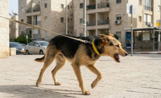 כלבים ריאקטיבים זה קשה: כלב עם קולר צהוב מגיב לגירוי בזמן הליכה ברצועה בעיר, שפת גוף דרוכה בסביבה אורבנית