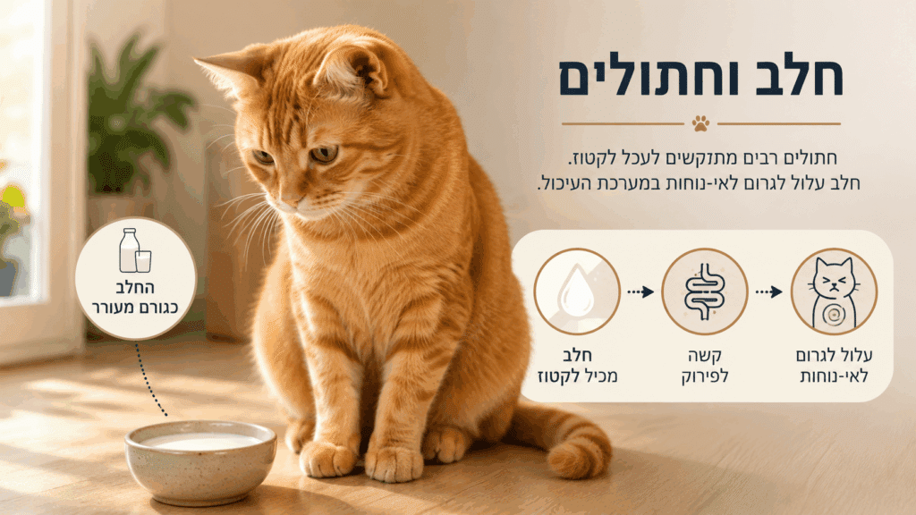אינפוגרפיקה על חתולים וחלב המדגימה כיצד לקטוז עלול להשפיע על מערכת העיכול של חתול