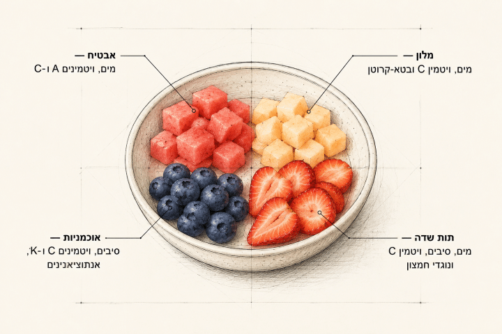 שרטוט קערת פירות מותרים לכלבים ולחתולים עם רכיבים תזונתיים בולטים